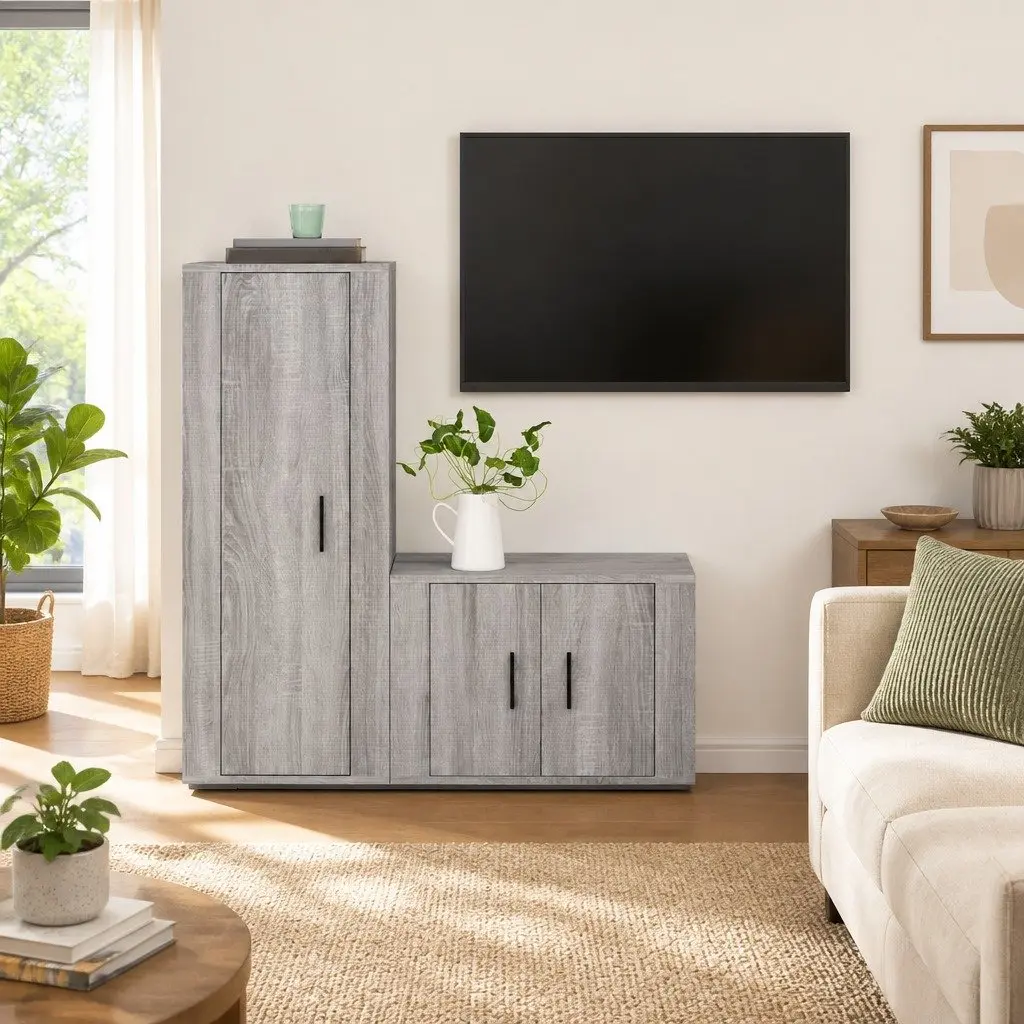 Grey Engineered Wood Wall-Mounted TV Cabinet Set Media Storage Unit 2 Piece