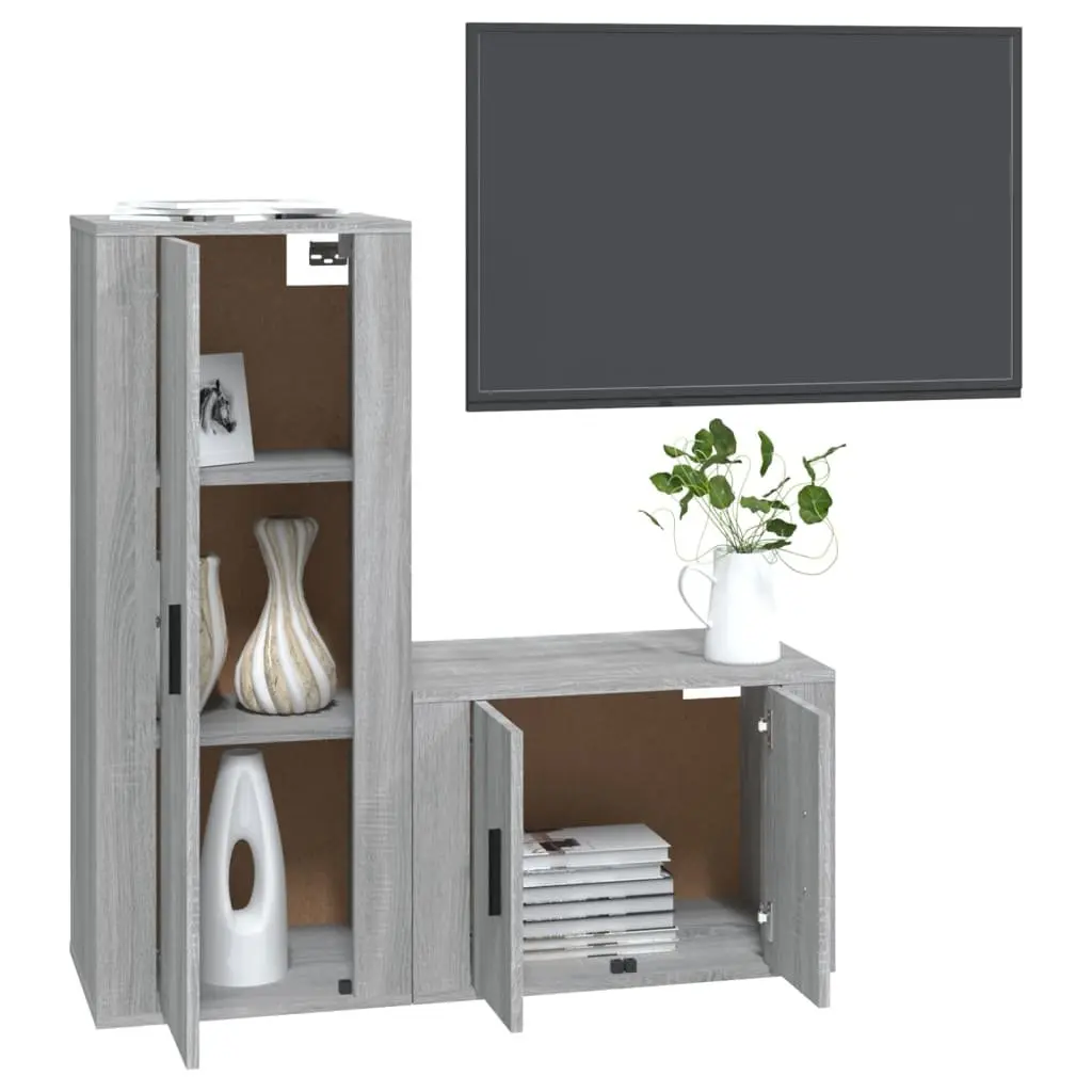 Grey Engineered Wood Wall-Mounted TV Cabinet Set Media Storage Unit 2 Piece