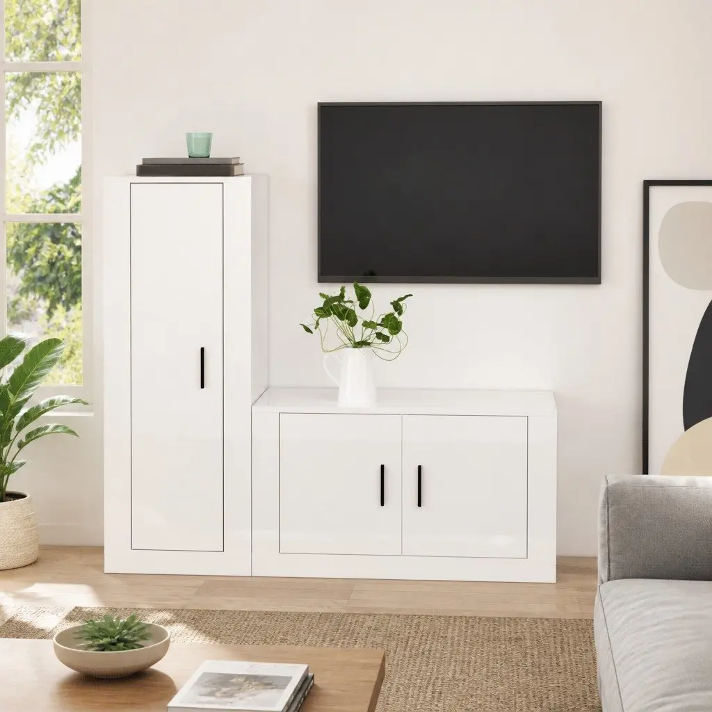 Wall-Mounted High Gloss White TV Cabinet Set