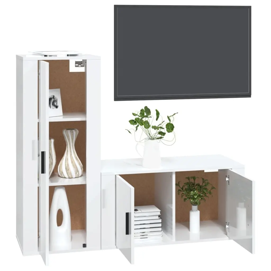Wall-Mounted High Gloss White TV Cabinet Set