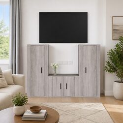 Grey Engineered Wood Wall-Mounted TV Cabinet Set
