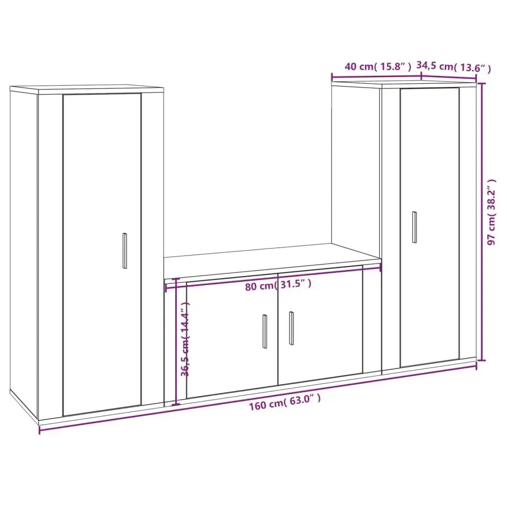 3 Piece TV Cabinet Set High Gloss White Wall-Mounted Engineered Wood Media Storage Unit