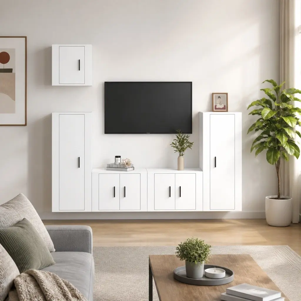 5 Piece Wall-Mounted White TV Cabinet Set