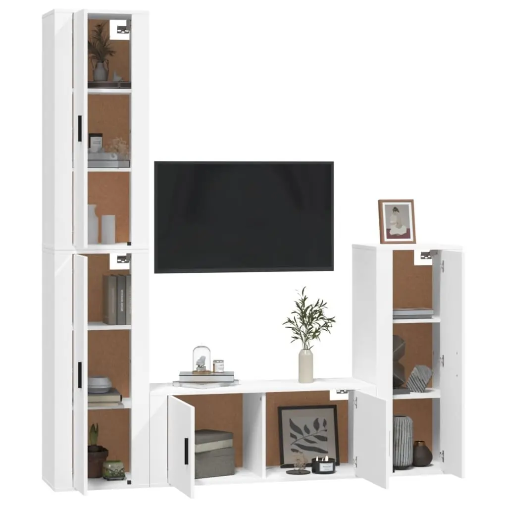 TV Cabinet Set White Wall Mounted Media Storage Unit 4 Piece Engineered Wood