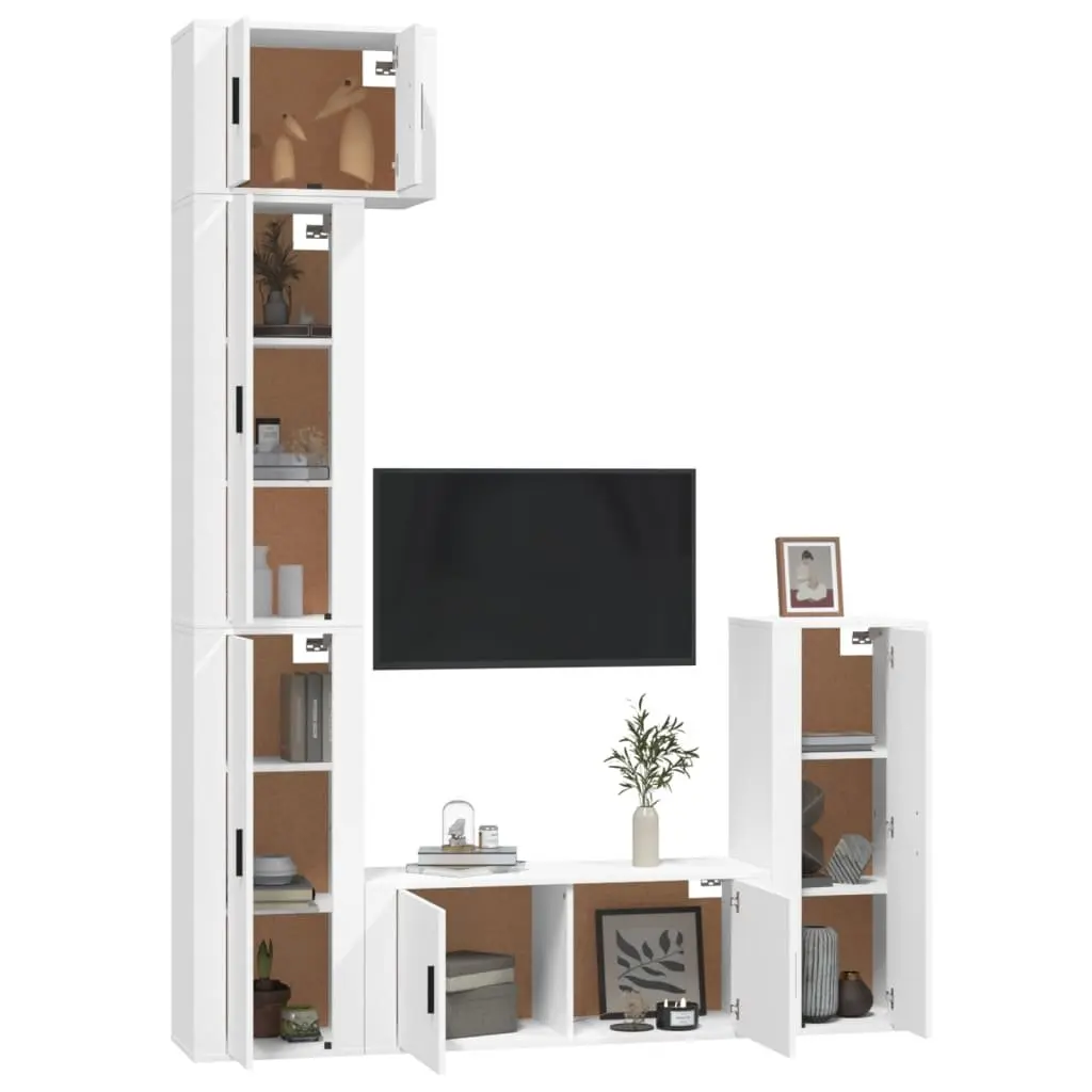 5 Piece White Engineered Wood Wall-Mounted TV Cabinet Set Media Storage Unit