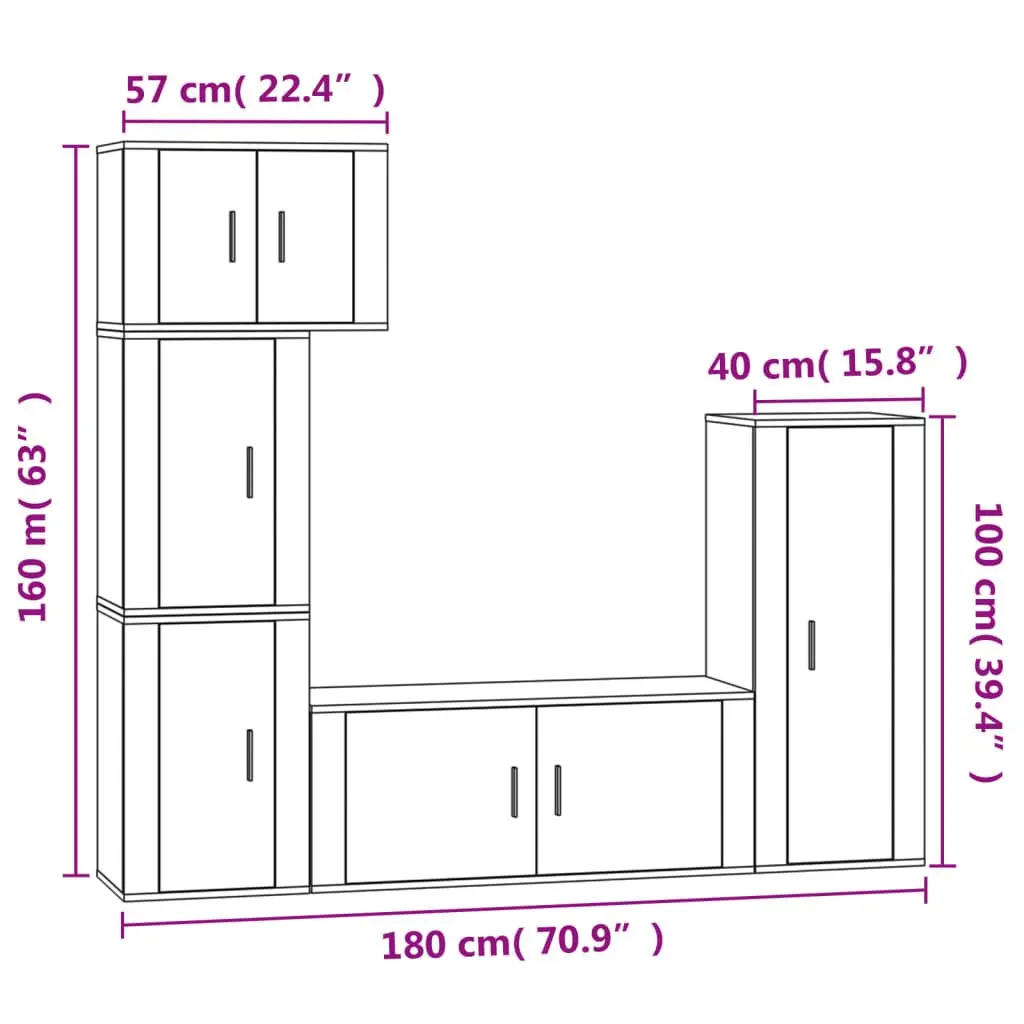 5 Piece Engineered Wood Wall Mounted TV Cabinet Set White Modern Storage Unit