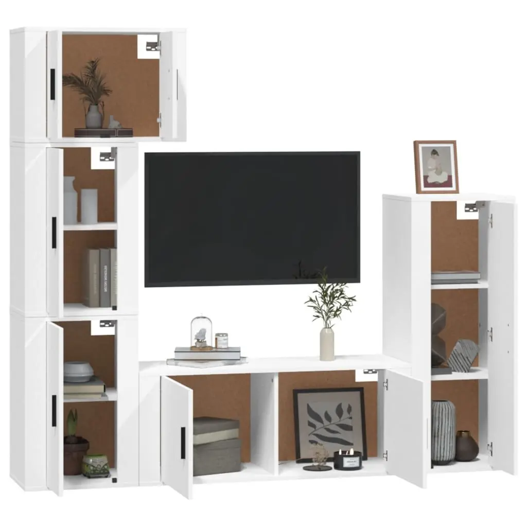 5 Piece Engineered Wood Wall Mounted TV Cabinet Set White Modern Storage Unit