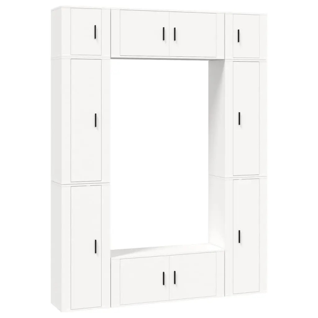 TV Cabinet Set White Wall-Mounted 8 Piece Engineered Wood Media Storage Unit