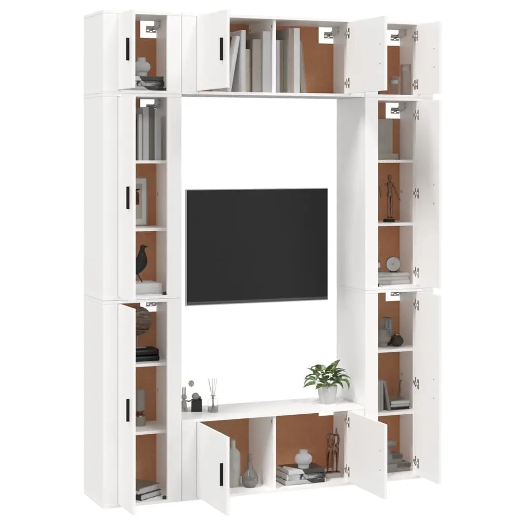 TV Cabinet Set White Wall-Mounted 8 Piece Engineered Wood Media Storage Unit