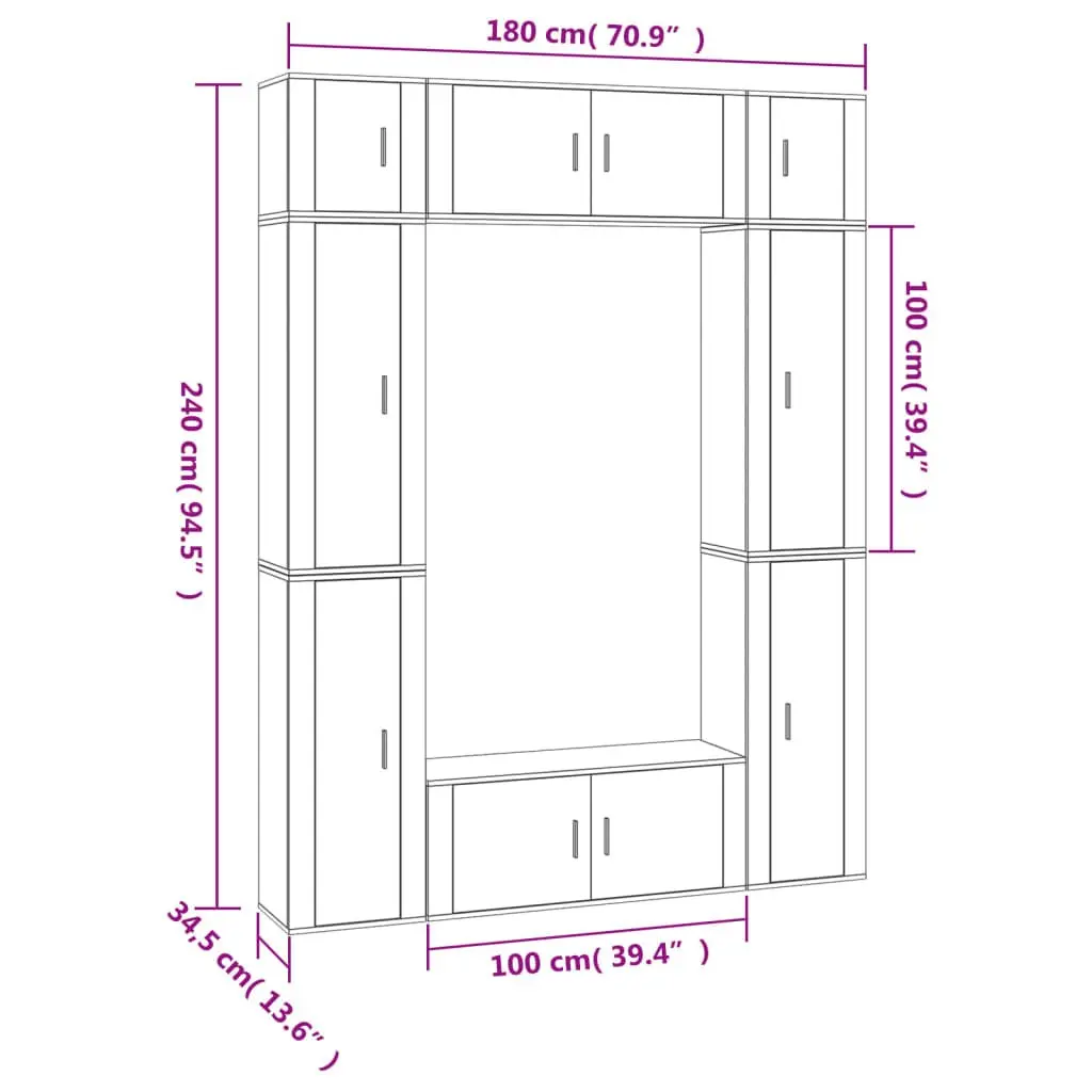 TV Cabinet Set White Wall-Mounted 8 Piece Engineered Wood Media Storage Unit
