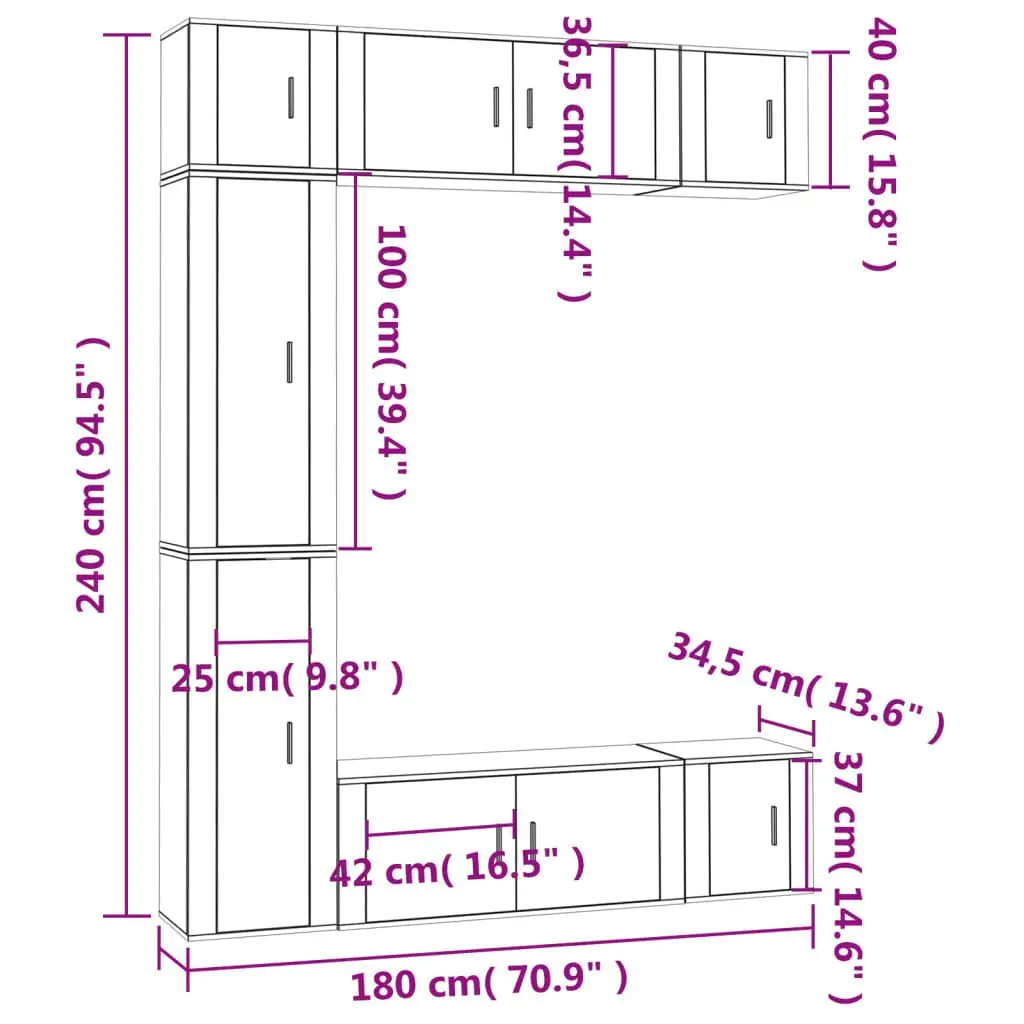 Wall-Mounted TV Cabinet Set White 7 Piece Engineered Wood Media Storage Unit