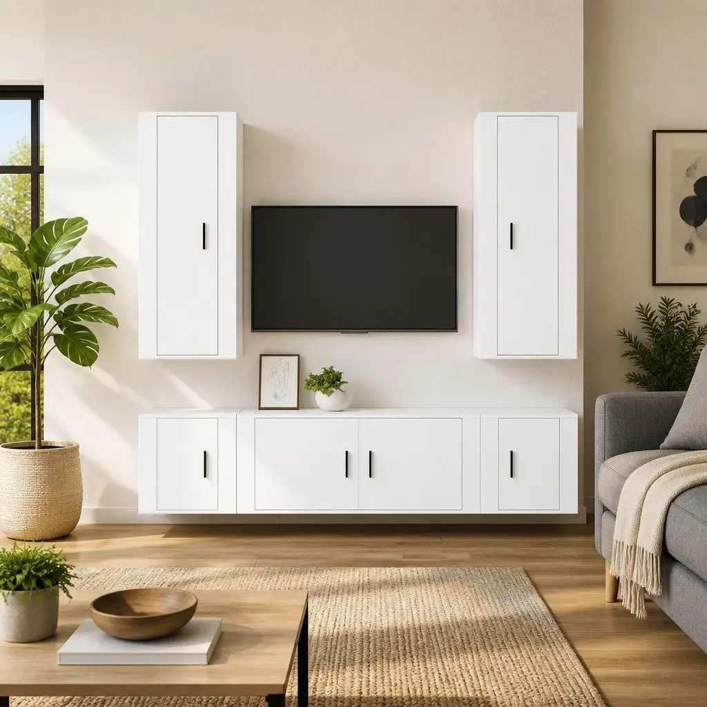 5 Piece White Engineered Wood TV Cabinet Set