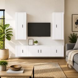 5 Piece White Engineered Wood TV Cabinet Set
