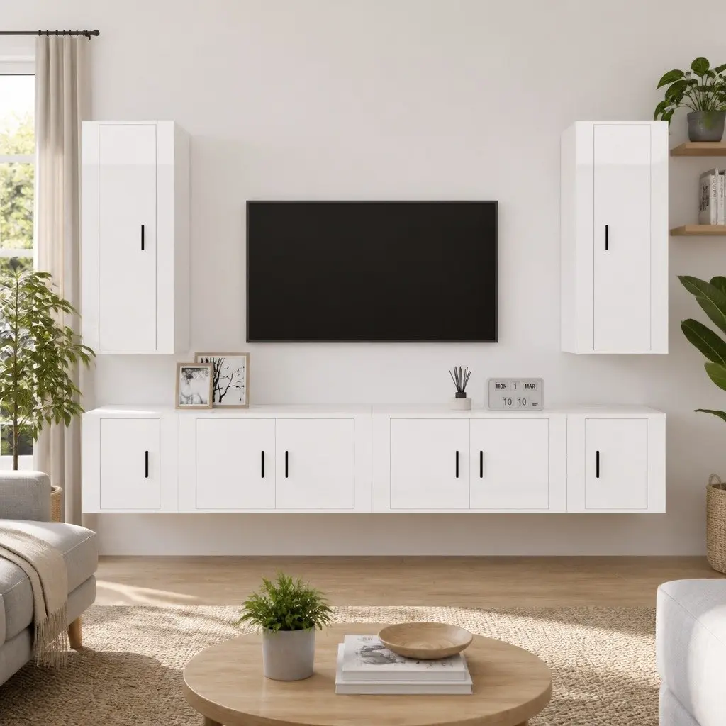 TV Cabinet Set Wall-Mounted High Gloss White 6 Piece Engineered Wood Media Storage Units
