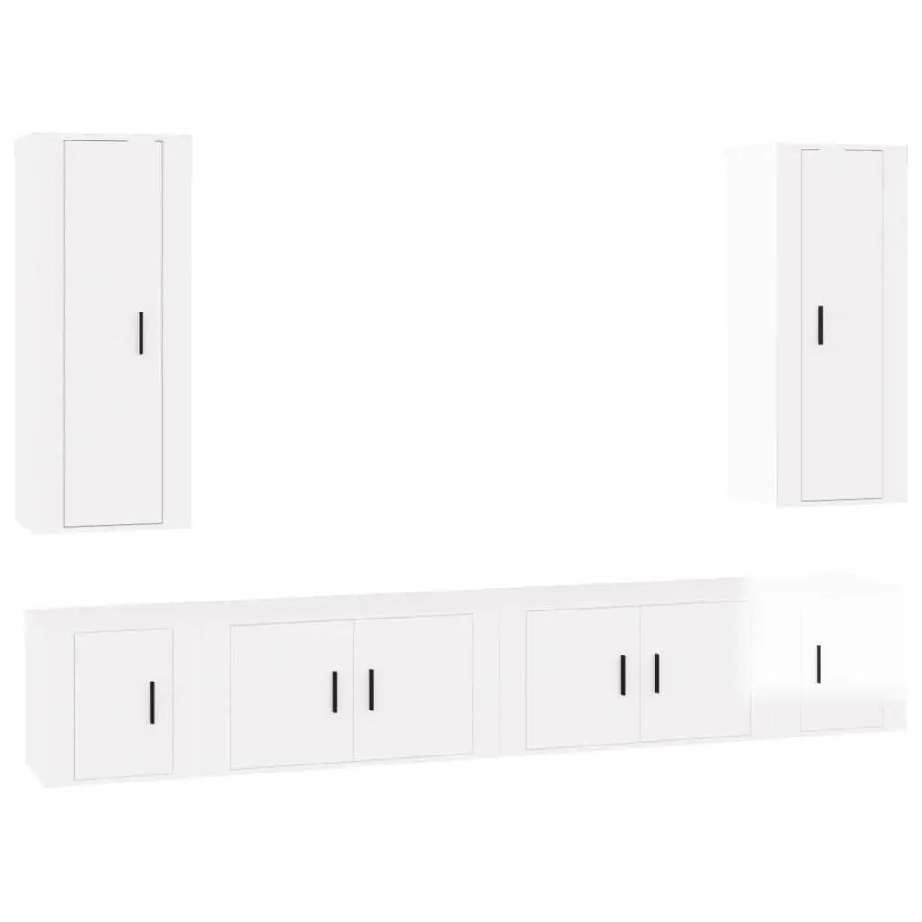 TV Cabinet Set Wall-Mounted High Gloss White 6 Piece Engineered Wood Media Storage Units