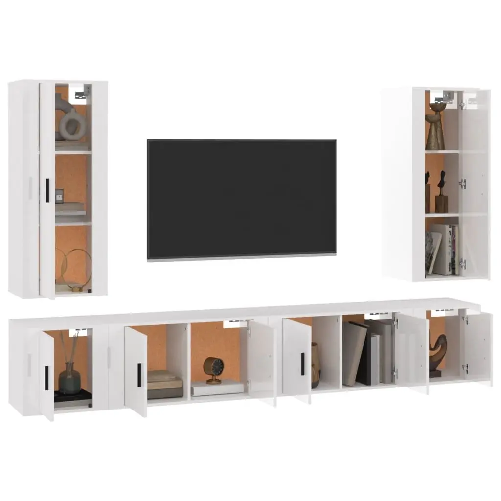 TV Cabinet Set Wall-Mounted High Gloss White 6 Piece Engineered Wood Media Storage Units