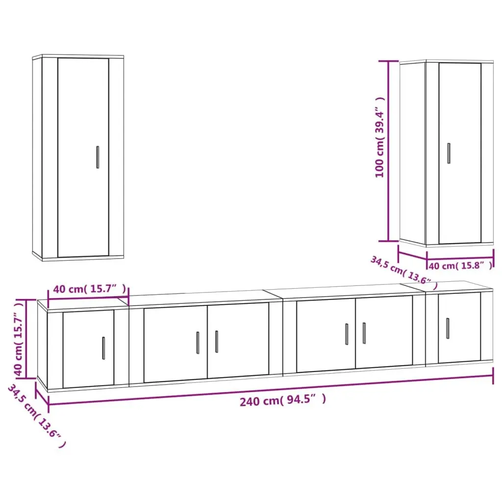 TV Cabinet Set Wall-Mounted High Gloss White 6 Piece Engineered Wood Media Storage Units