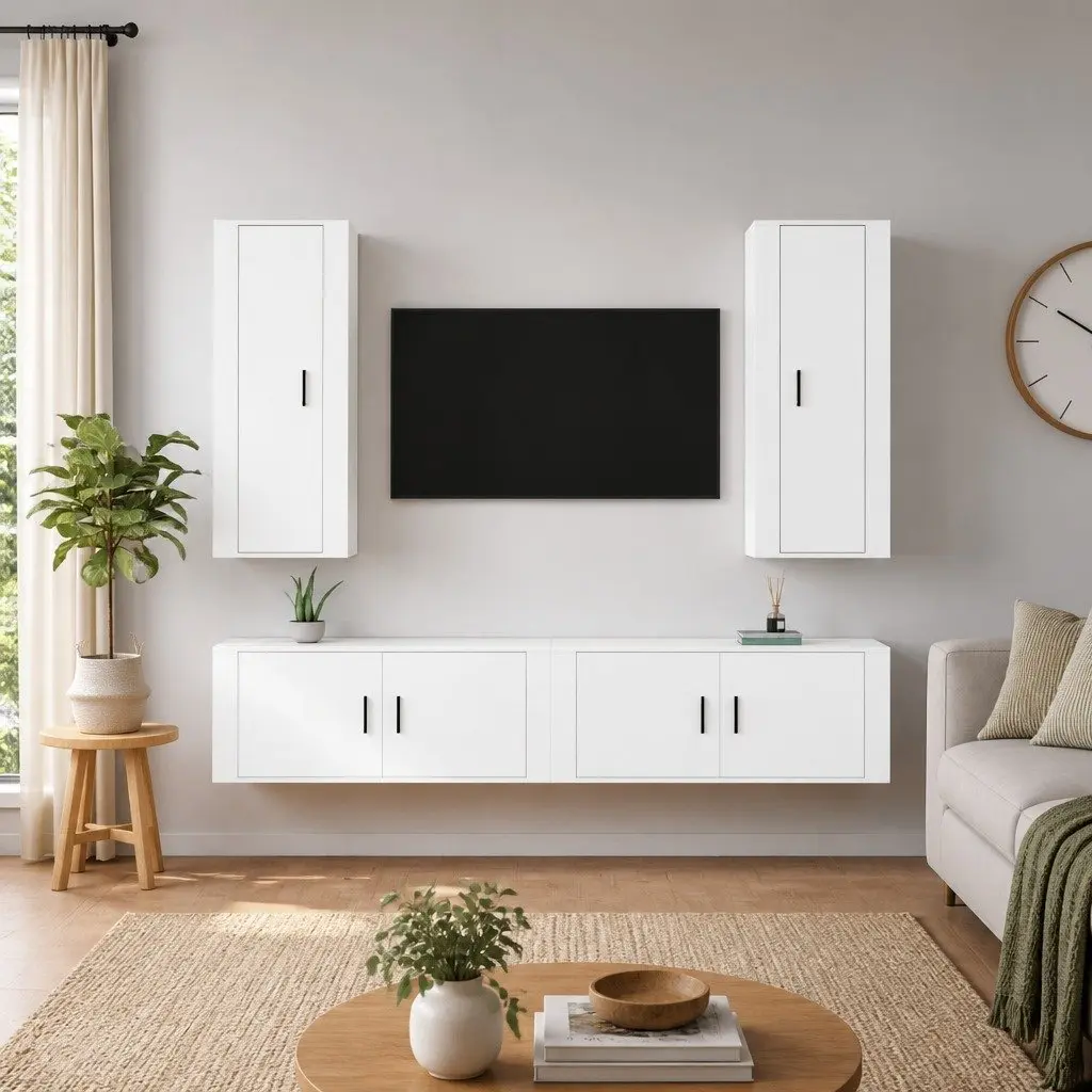 4 Piece Wall Mounted TV Stand Set White Engineered Wood Storage Unit