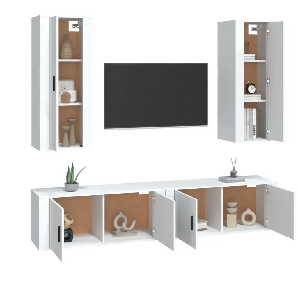 4 Piece Wall Mounted TV Stand Set White Engineered Wood Storage Unit