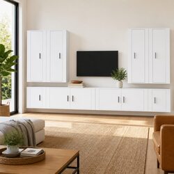 Elegant White Wall-Mounted TV Cabinet Set - 8 Pieces