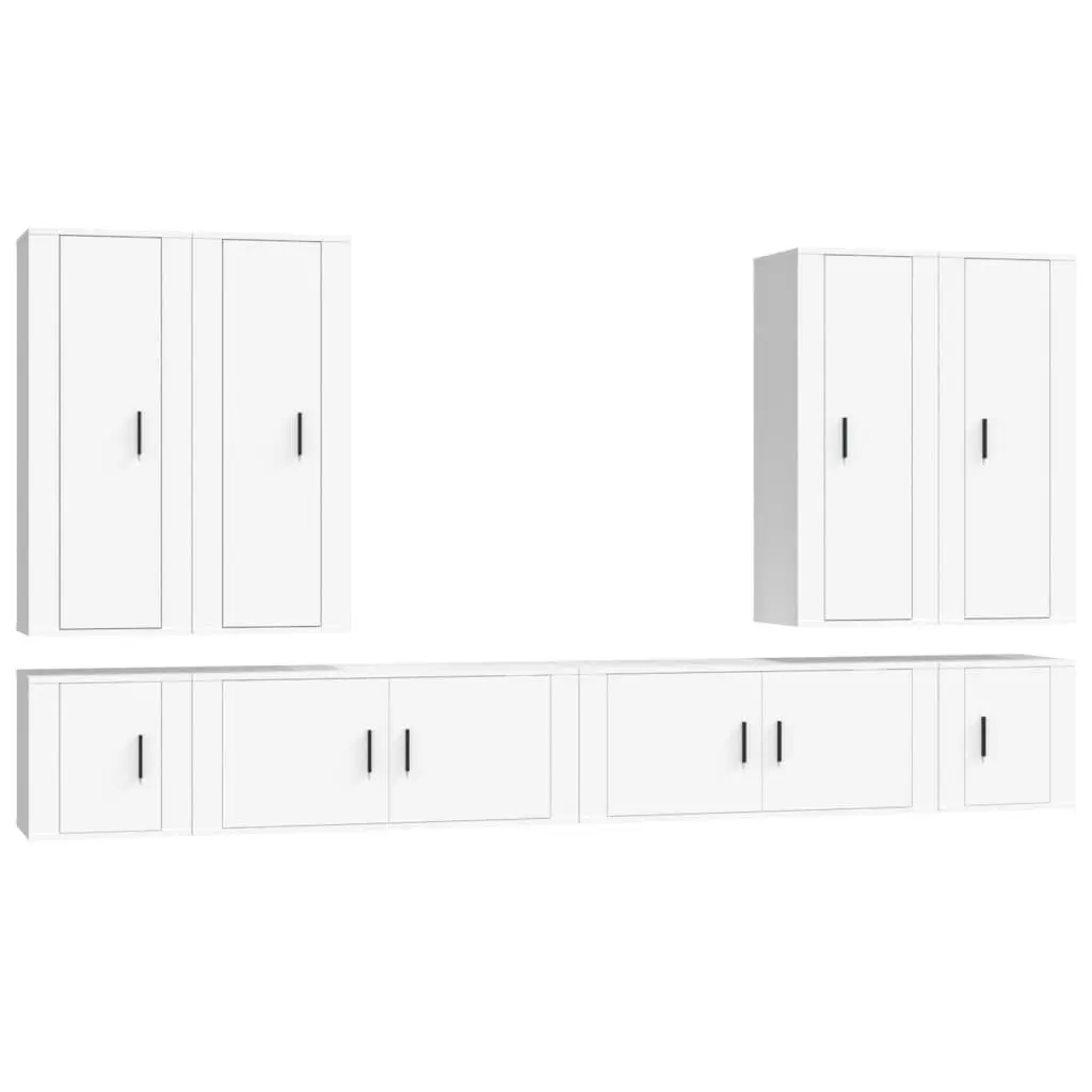 TV Cabinet Set White Wall-Mounted 8 Piece Engineered Wood Media Storage Units