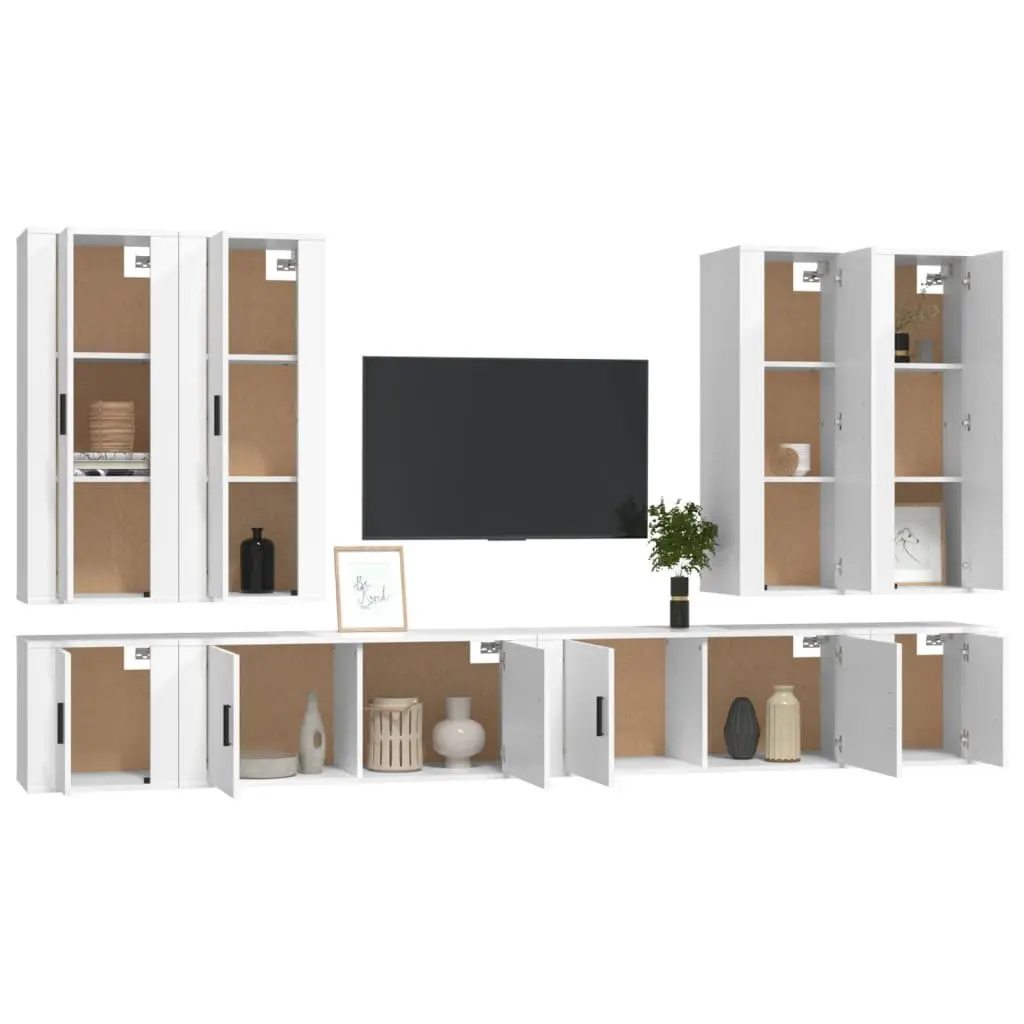 TV Cabinet Set White Wall-Mounted 8 Piece Engineered Wood Media Storage Units