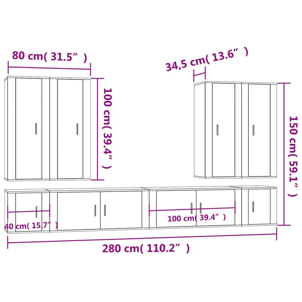 TV Cabinet Set White Wall-Mounted 8 Piece Engineered Wood Media Storage Units