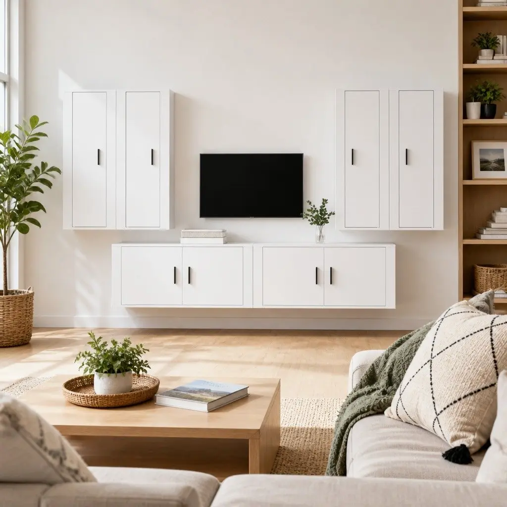 White Engineered Wood 6 Piece Wall-Mounted TV Cabinet Set Media Storage Units
