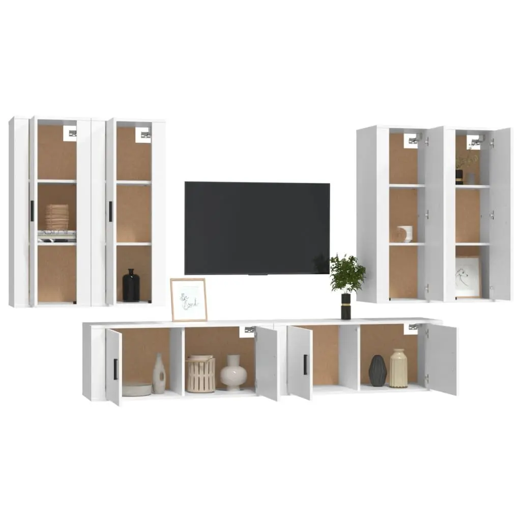 White Engineered Wood 6 Piece Wall-Mounted TV Cabinet Set Media Storage Units