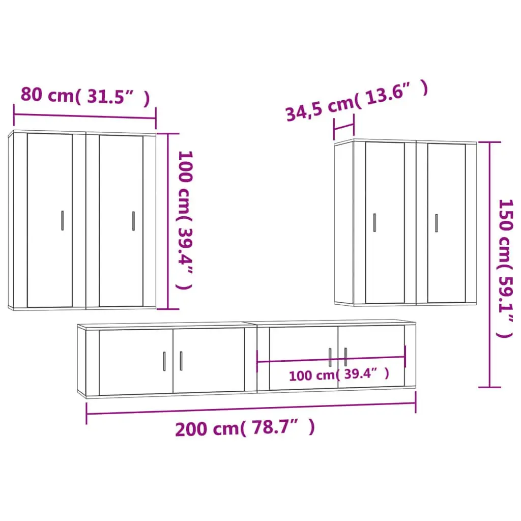 White Engineered Wood 6 Piece Wall-Mounted TV Cabinet Set Media Storage Units
