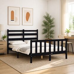 Black Solid Pine Wood Bed Frame 135x190 cm