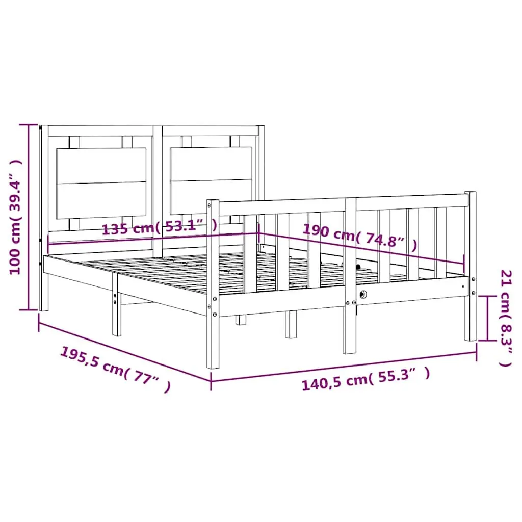 Queen Size Solid Pine Bed Frame 135x190 cm in Black