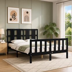 Black Solid Pine Bed Frame 135x190 cm with Headboard