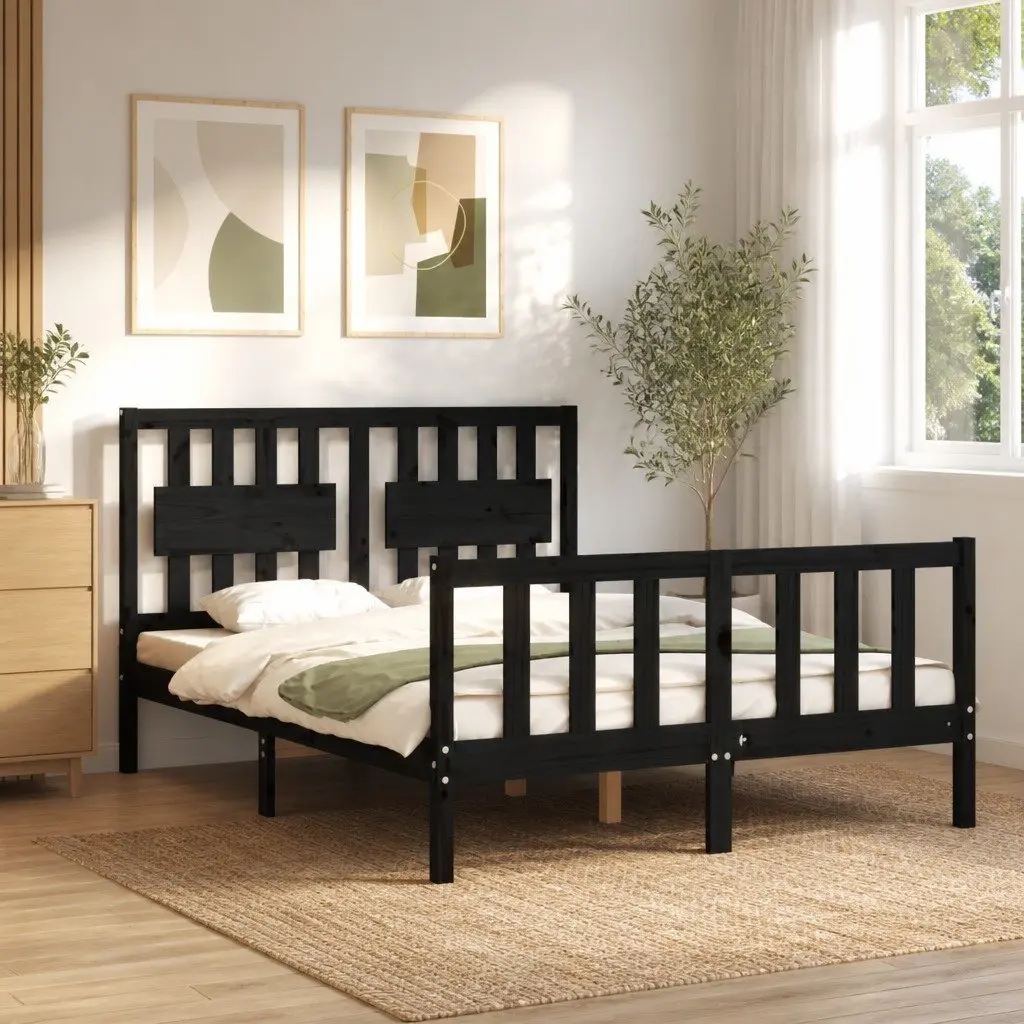 Pine Wood Bed Frame 135x190 cm with Headboard in Black