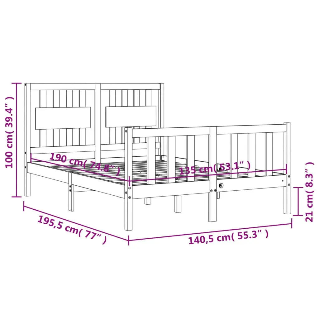 Pine Wood Bed Frame 135x190 cm with Headboard in Black