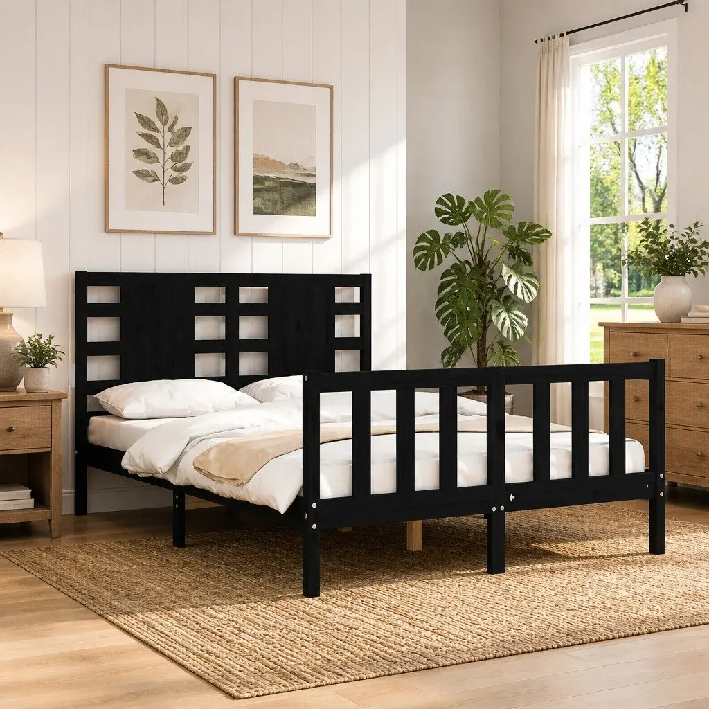 Pine Wood Bed Frame Black 135x190cm Sturdy Furniture with Headboard and Footboard
