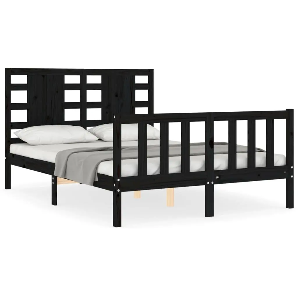 Pine Wood Bed Frame Black 135x190cm Sturdy Furniture with Headboard and Footboard