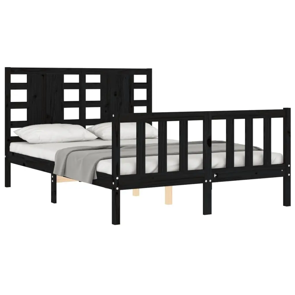 Pine Wood Bed Frame Black 135x190cm Sturdy Furniture with Headboard and Footboard