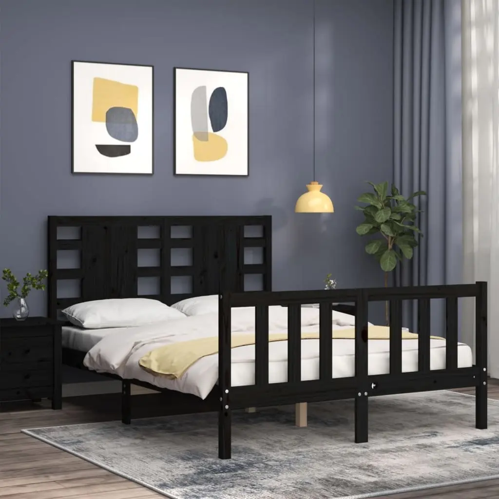 Pine Wood Bed Frame Black 135x190cm Sturdy Furniture with Headboard and Footboard
