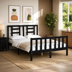 Black Solid Pine Bed Frame 135x190 cm for Cozy Bedrooms