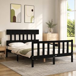 Black Solid Wood Pine Bed Frame 135x190 cm with Headboard
