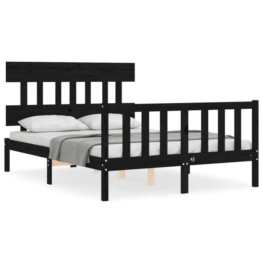 Black Solid Wood Pine Bed Frame 135x190 cm with Headboard