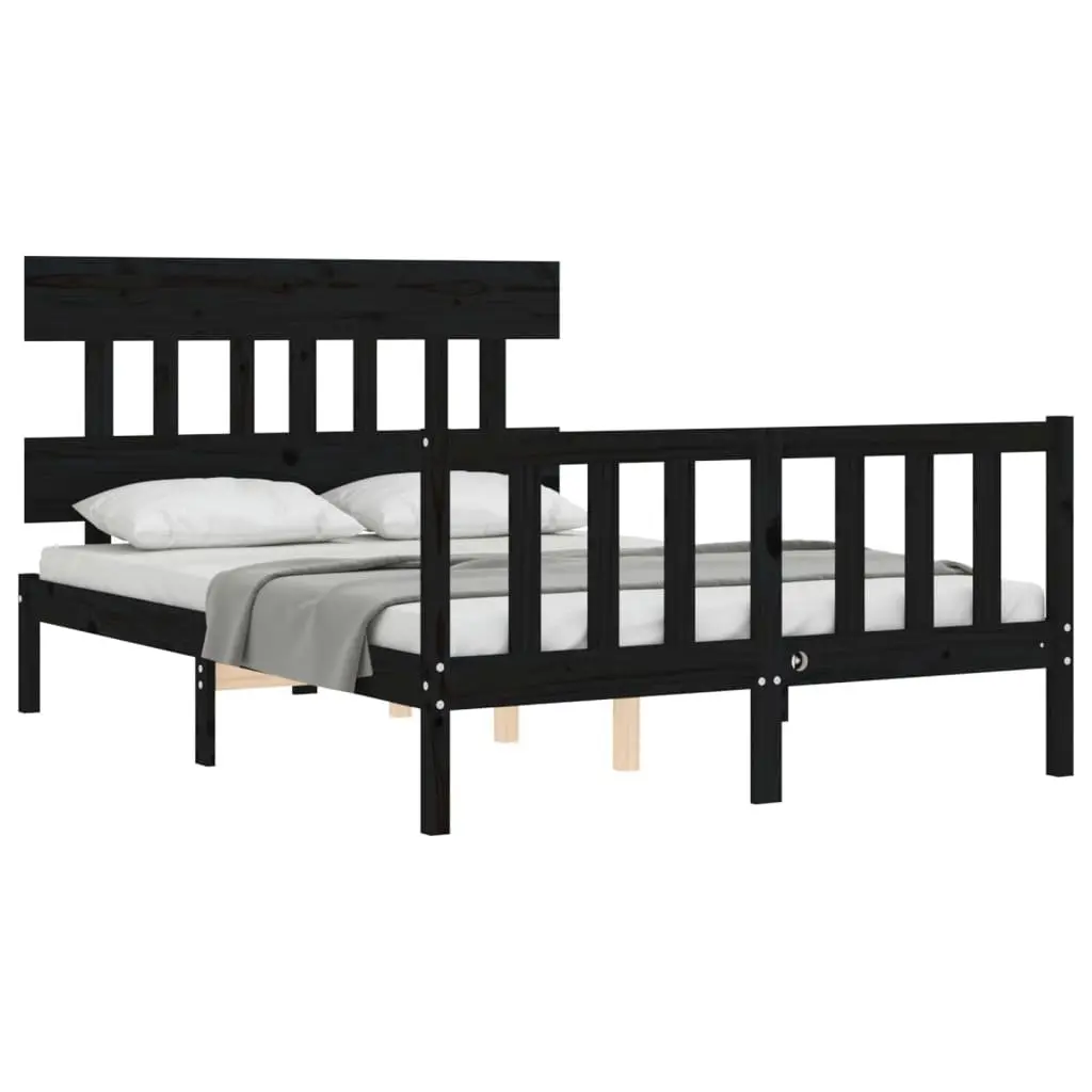 Black Solid Wood Pine Bed Frame 135x190 cm with Headboard