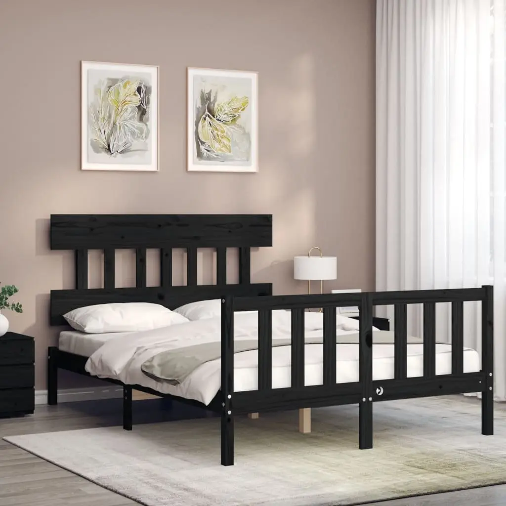 Black Solid Wood Pine Bed Frame 135x190 cm with Headboard