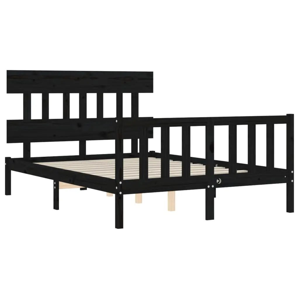 Black Solid Wood Pine Bed Frame 135x190 cm with Headboard