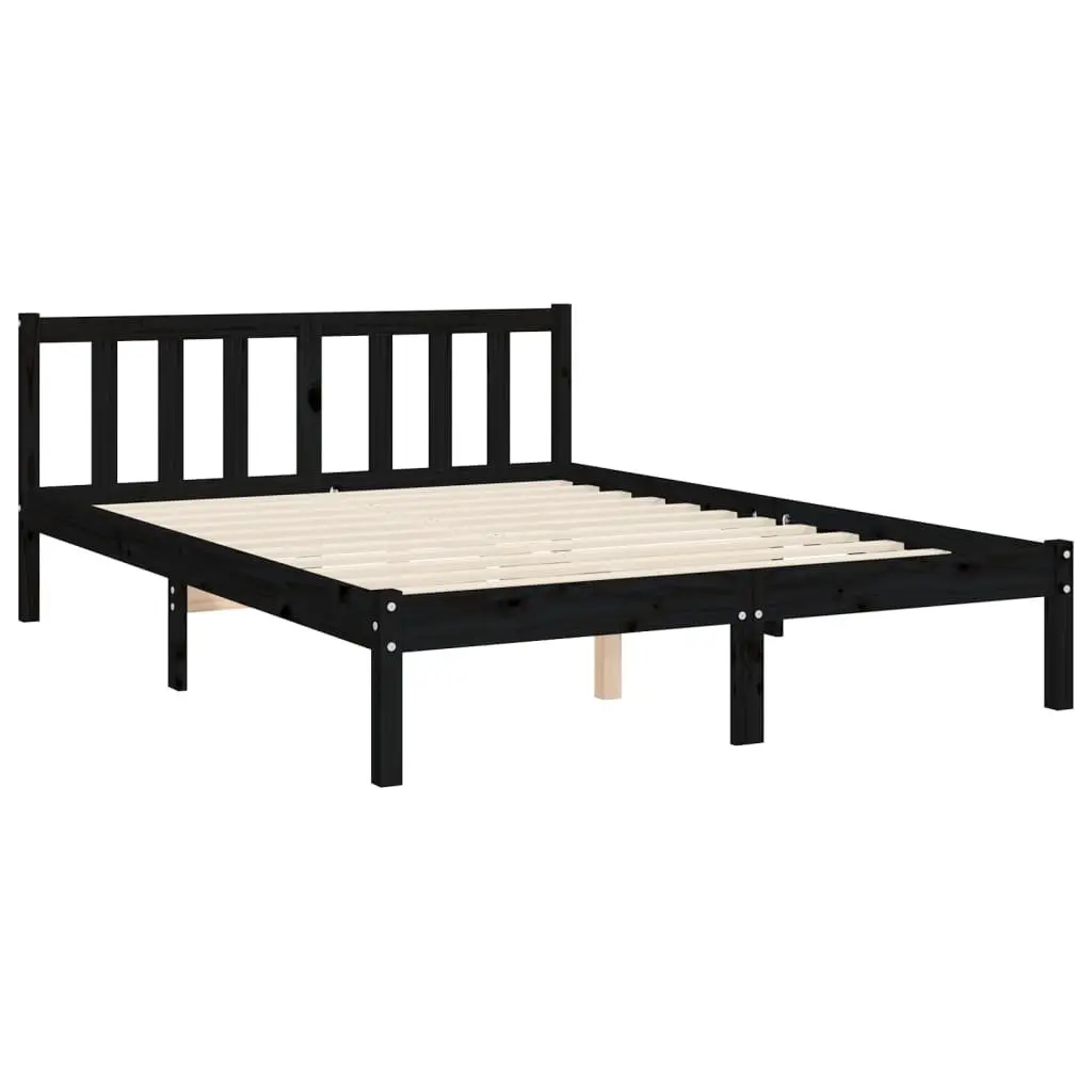 Black Solid Wood Pine Bed Frame 135x190 cm with Headboard