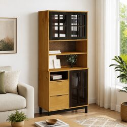 Rustic Highboard Storage Cabinet with Glass Doors