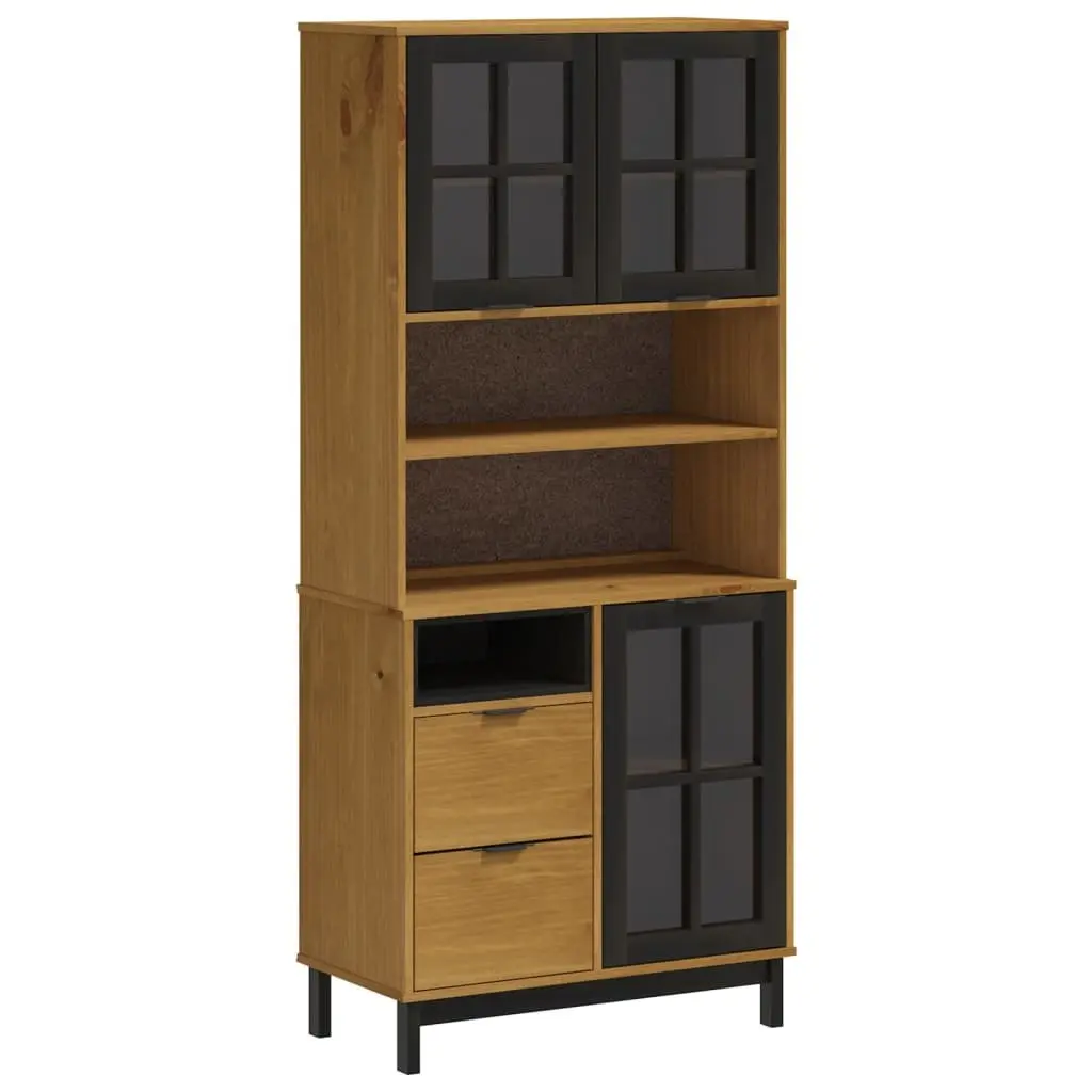 Highboard Storage Cabinet Glass Doors Shelves Drawers Solid Pine Wood 80W x 40D x 180H cm Brown