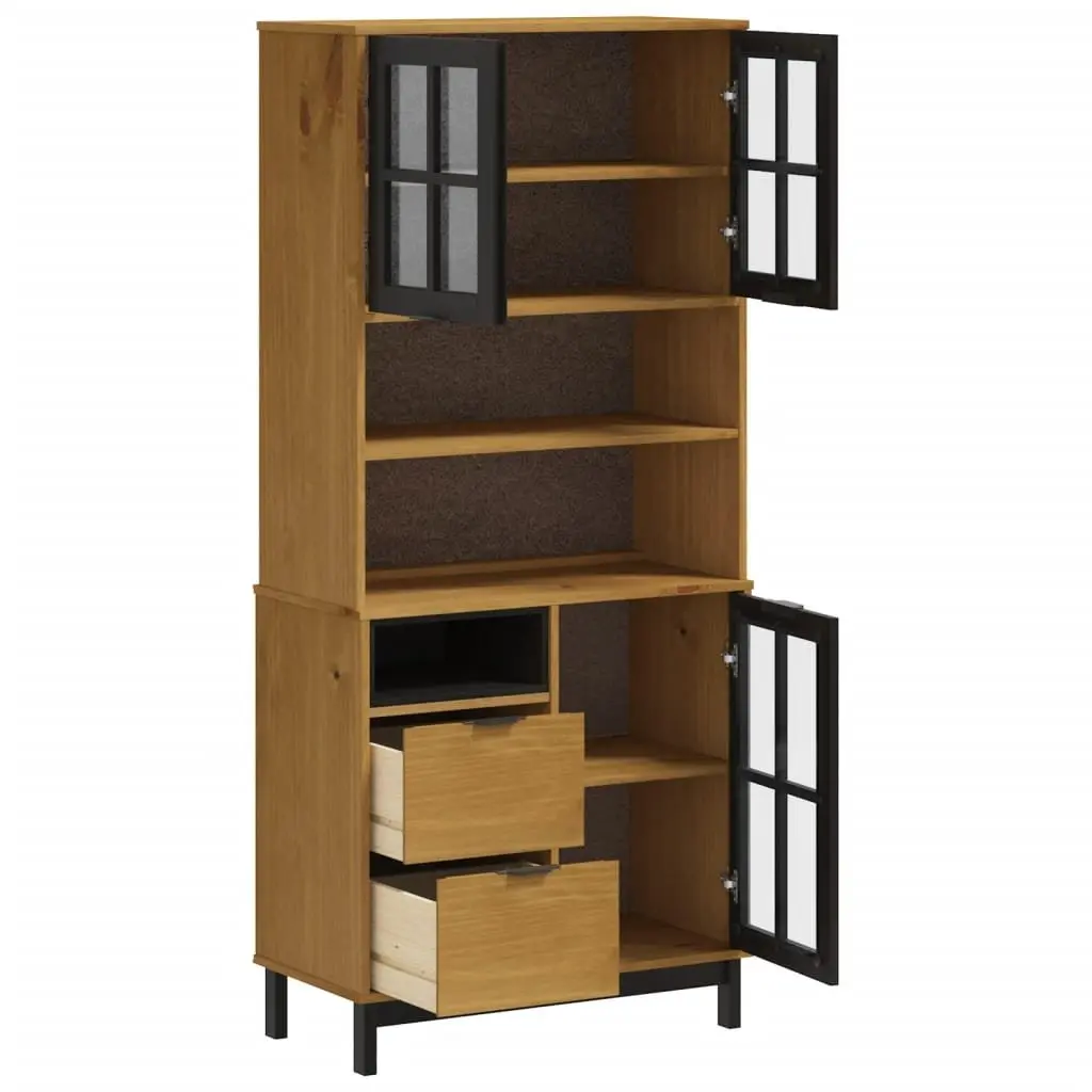 Highboard Storage Cabinet Glass Doors Shelves Drawers Solid Pine Wood 80W x 40D x 180H cm Brown