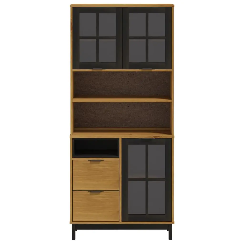 Highboard Storage Cabinet Glass Doors Shelves Drawers Solid Pine Wood 80W x 40D x 180H cm Brown